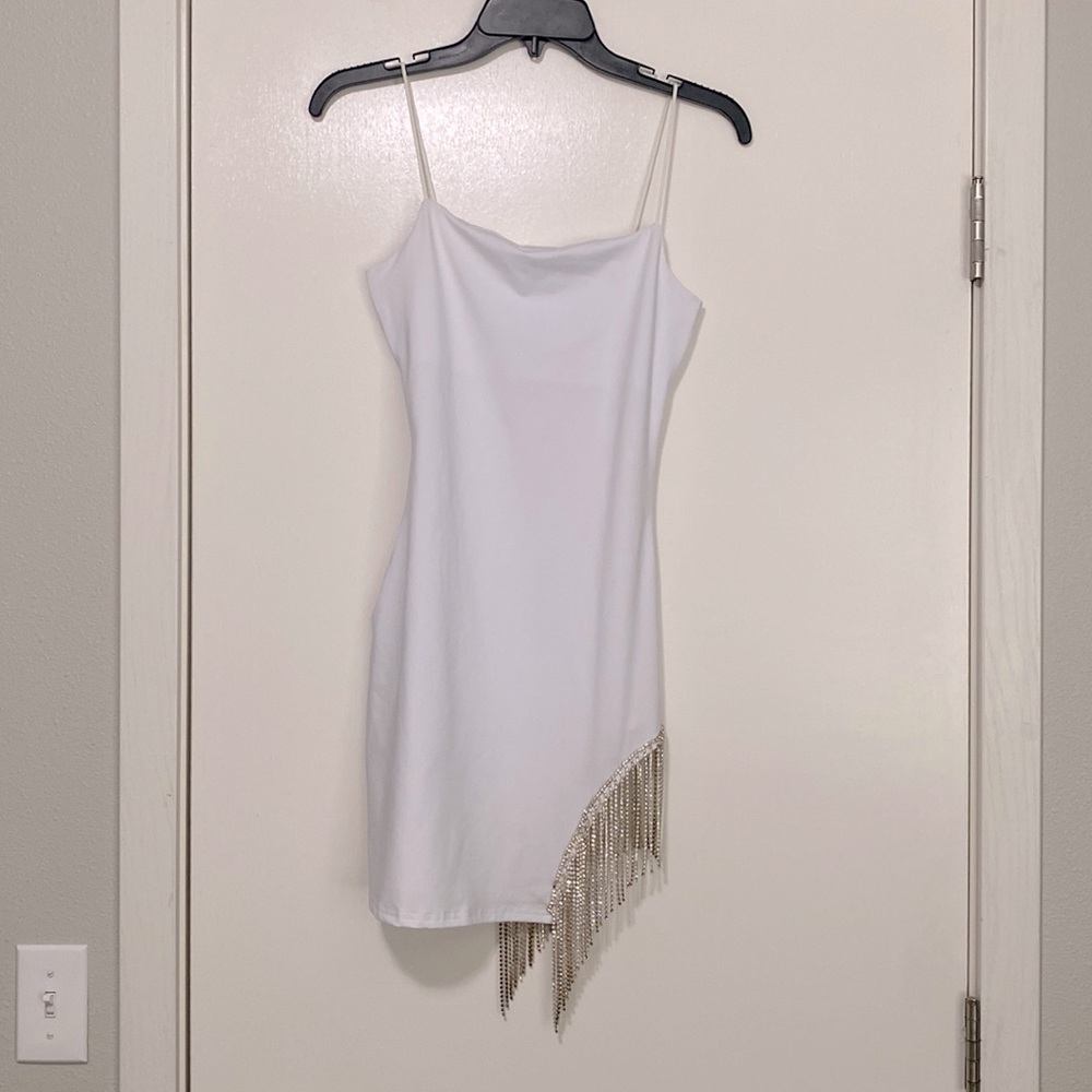 SHEIN White Spaghetti Strap Mini Dress with Fringe Chain Detail